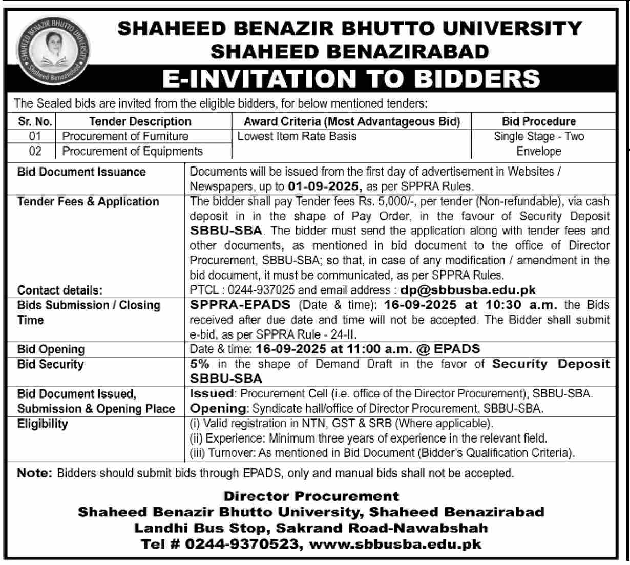 Shaheed Benazir Bhutto University Benazirabad Tender Notice
